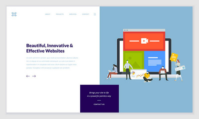 網頁設計模板集?，F代矢量插畫概念為網站和移動網站開發, Seo, 移動應用, 業務解決方案。易于編輯和自定義