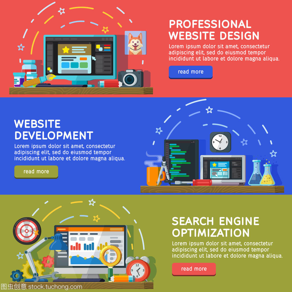 設置為 web 橫幅。橫向平面樣式的廣告橫幅。網站和應用程序的開發。網頁設計。編程和編碼。搜索優化、 Seo 和推廣。矢量圖