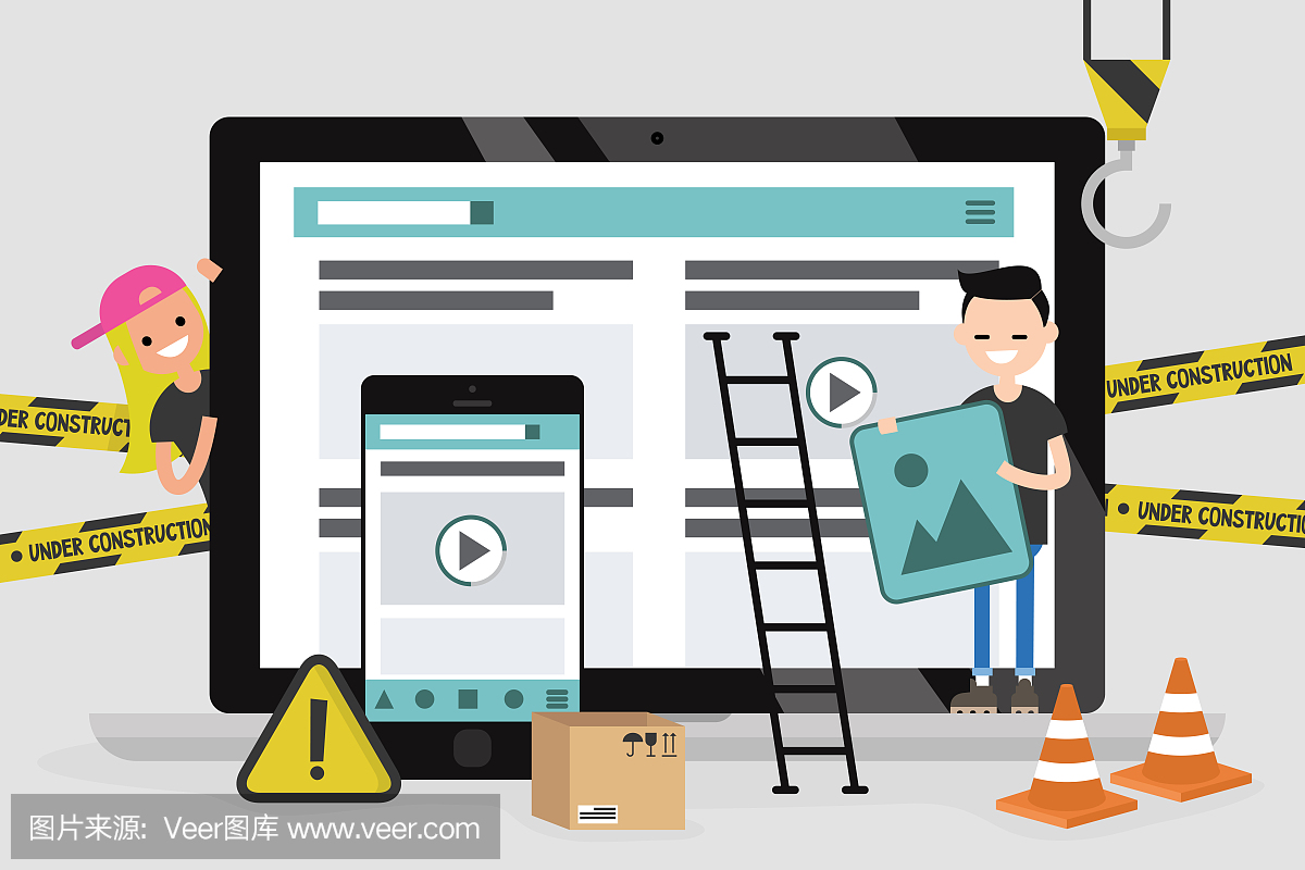 網頁設計和開發。網站在建設中。一群年輕的專業人士在為一個登陸頁面工作。平面矢量插圖,剪輯藝術。千禧一代在起作用。數字創意產業。