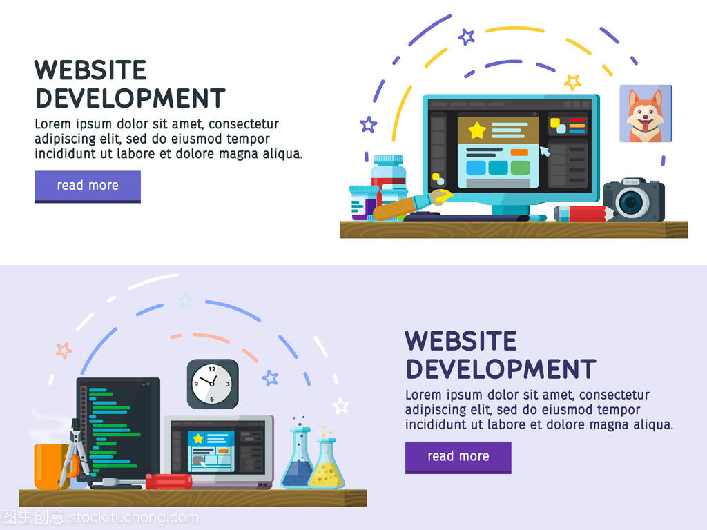 平面設計現代矢量圖的概念。平面彩色橫幅設計一套。網站開發,網頁設計?，F代平面設計中的 Web 橫幅,網站元素。編程和編碼